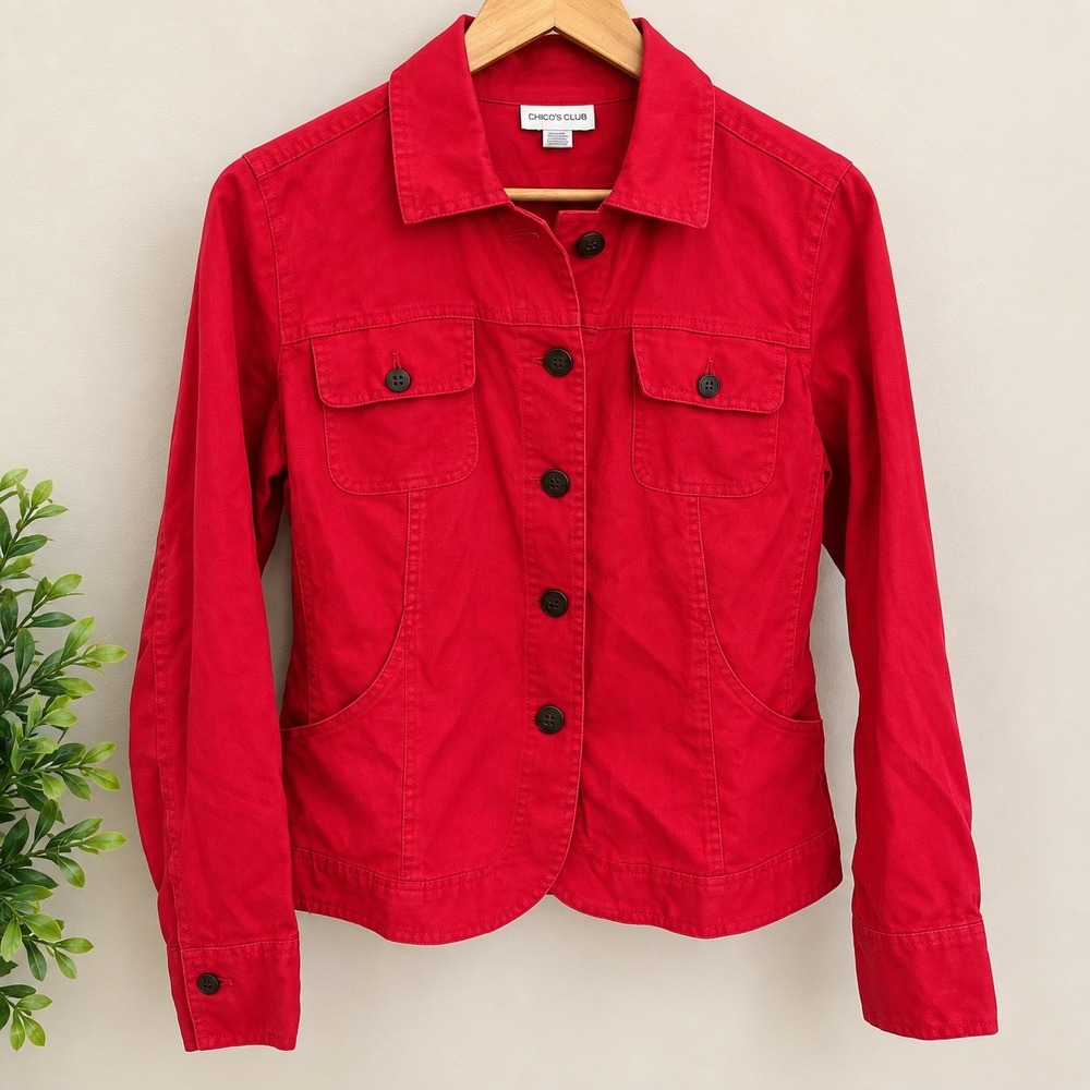 Charter Club Red Linen Jacket Womens Medium Button Front Utility Pockets Blazer